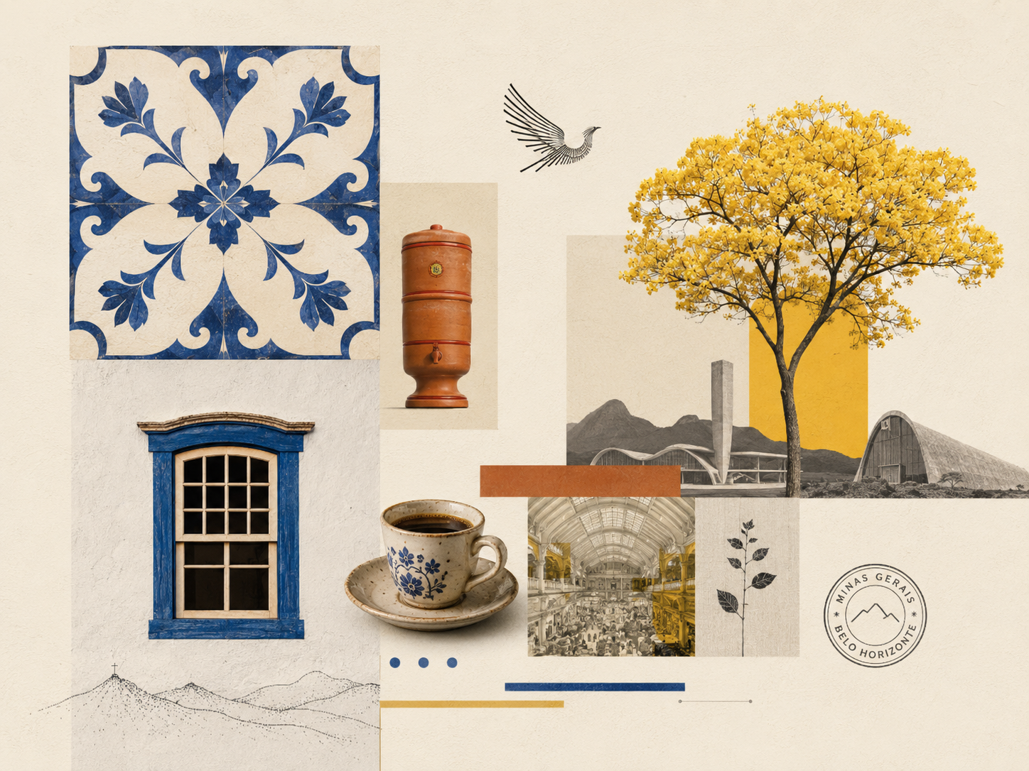 Colagem: camadas, azulejo, ipê e arquitetura moderna
