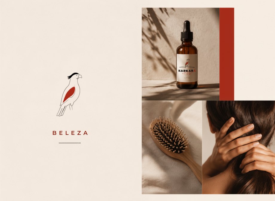 Colagem da Karkará para beleza e estética: cuidado, cor e detalhe com o pássaro e a paleta da marca
