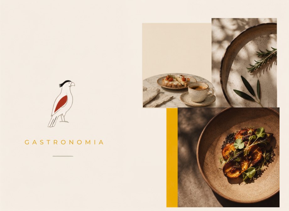 Colagem da Karkará para gastronomia: pratos, café e ingredientes com o pássaro e a paleta da marca